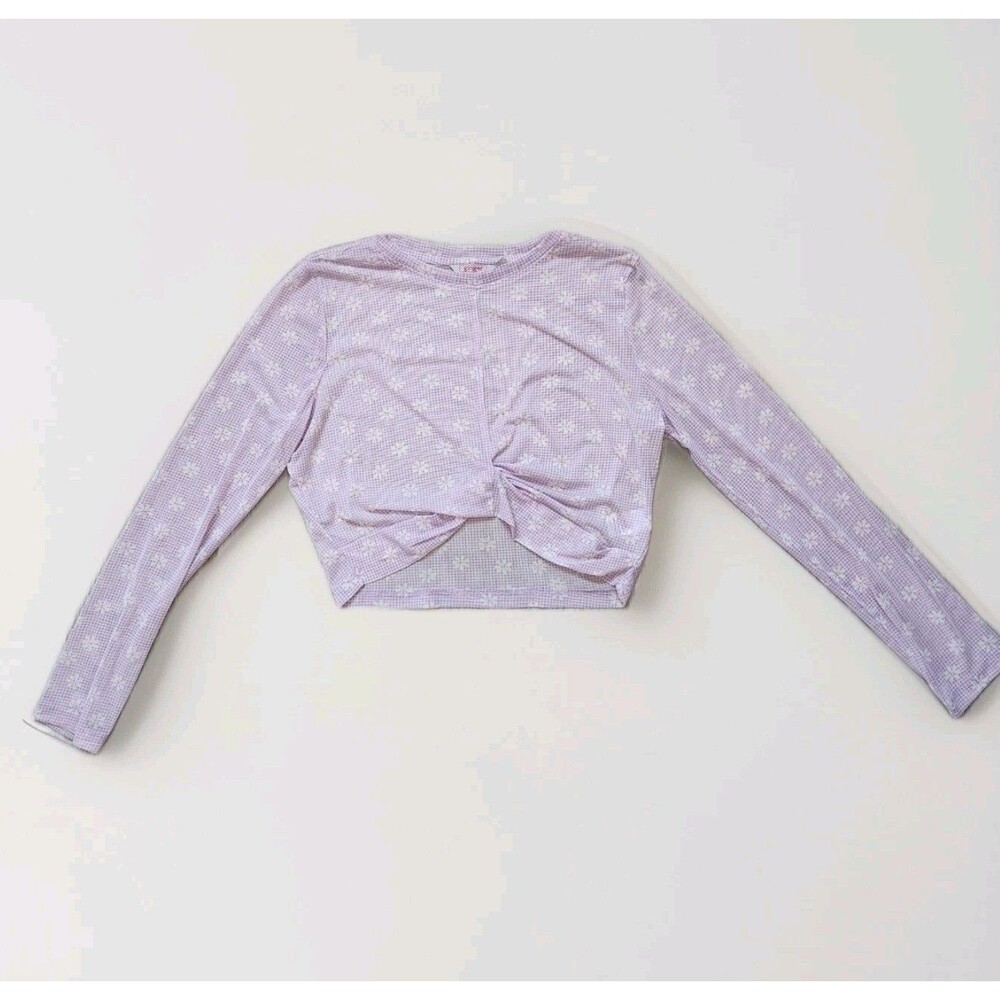 Ginger Mesh Crop Top Front Knot Purple Check Floral Long Sleeve Crewneck L EUC - Picture 1 of 9
